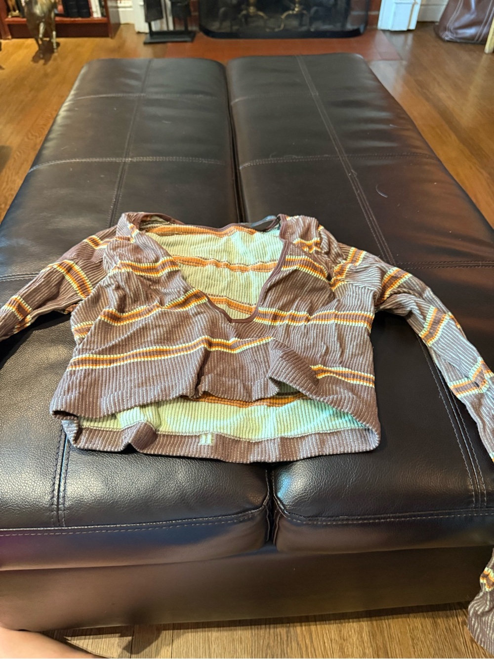 Urban Outfitters Brown and Yellow Striped Ribbed Long Sleeve Crop Top